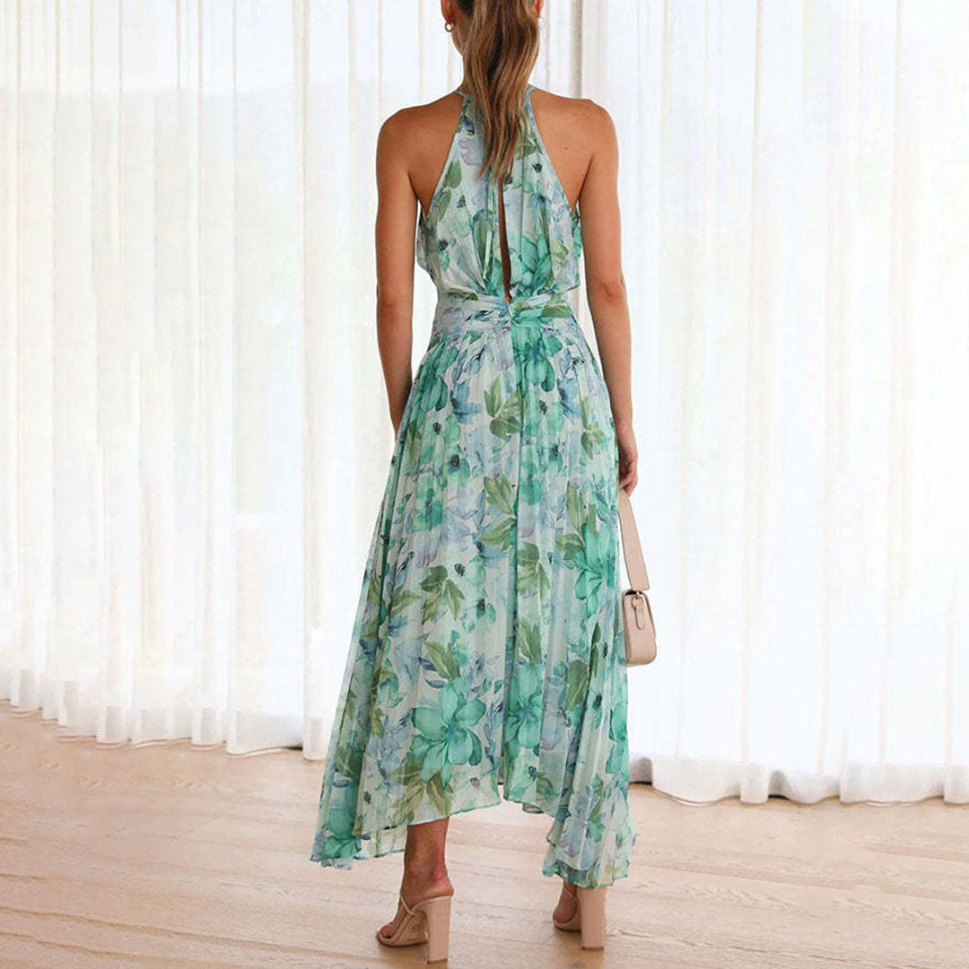 Floral Halter Neck Pleated Twist Waist Maxi Dress - Wedding Guest