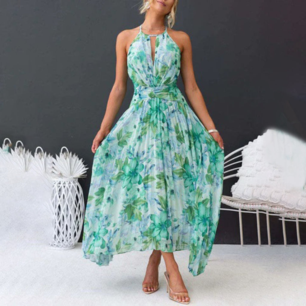 Floral Halter Neck Pleated Twist Waist Maxi Dress - Wedding Guest