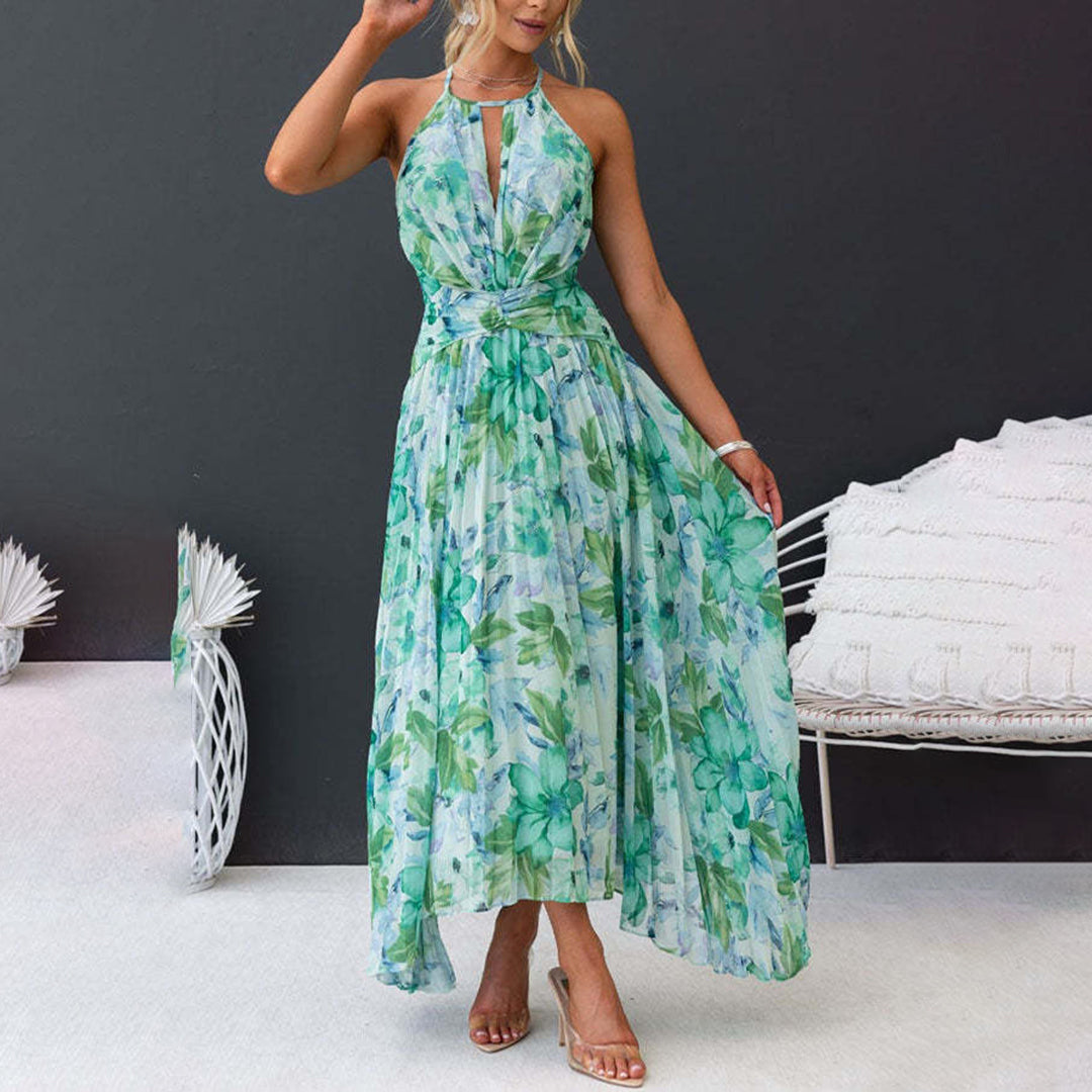 Floral Halter Neck Pleated Twist Waist Maxi Dress - Wedding Guest