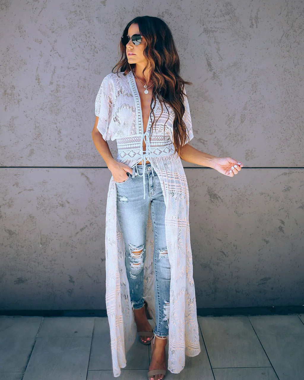 Seductive Deep Plunge Ivory Lace Bohemian Kimono Swimsuit Cover up