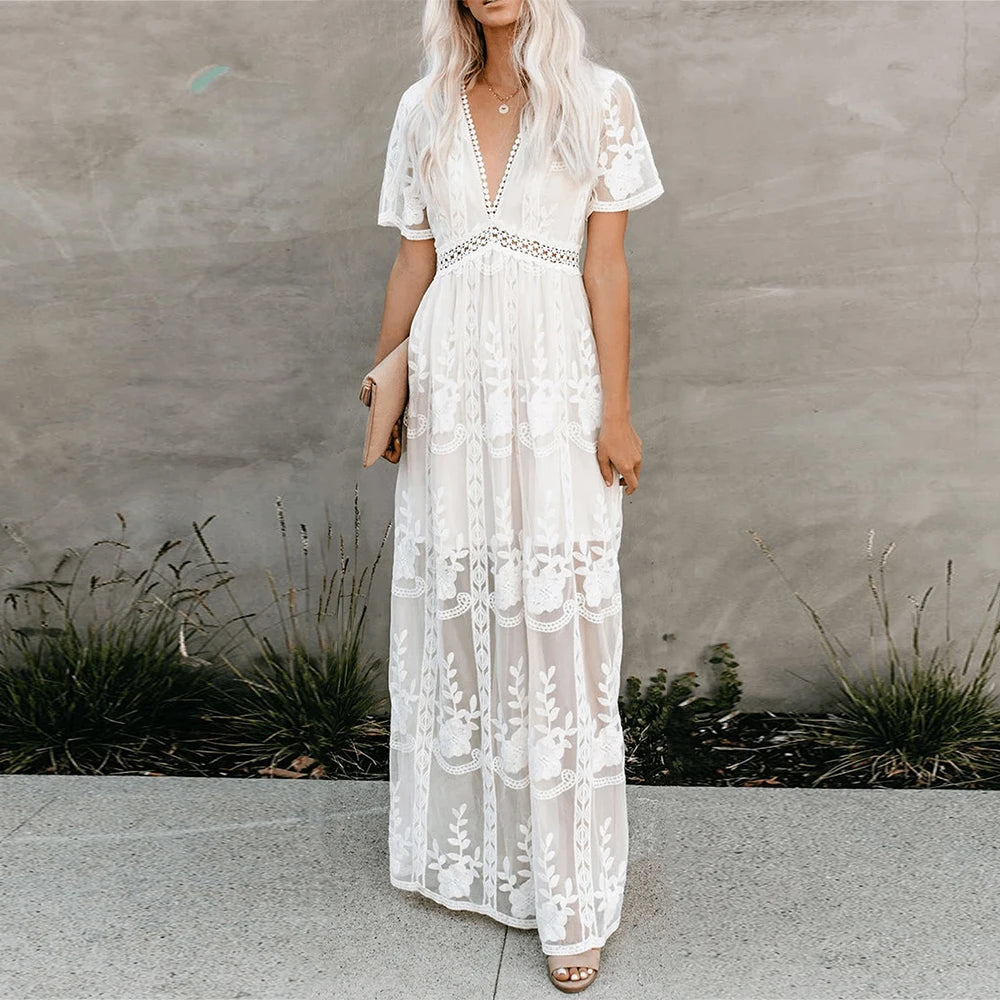 Vintage White Deep V-neck Summer Dress – view 2