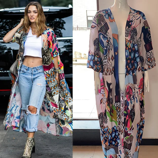 Cotton Kimono Flower Printed Bohemian Beach Cover Up