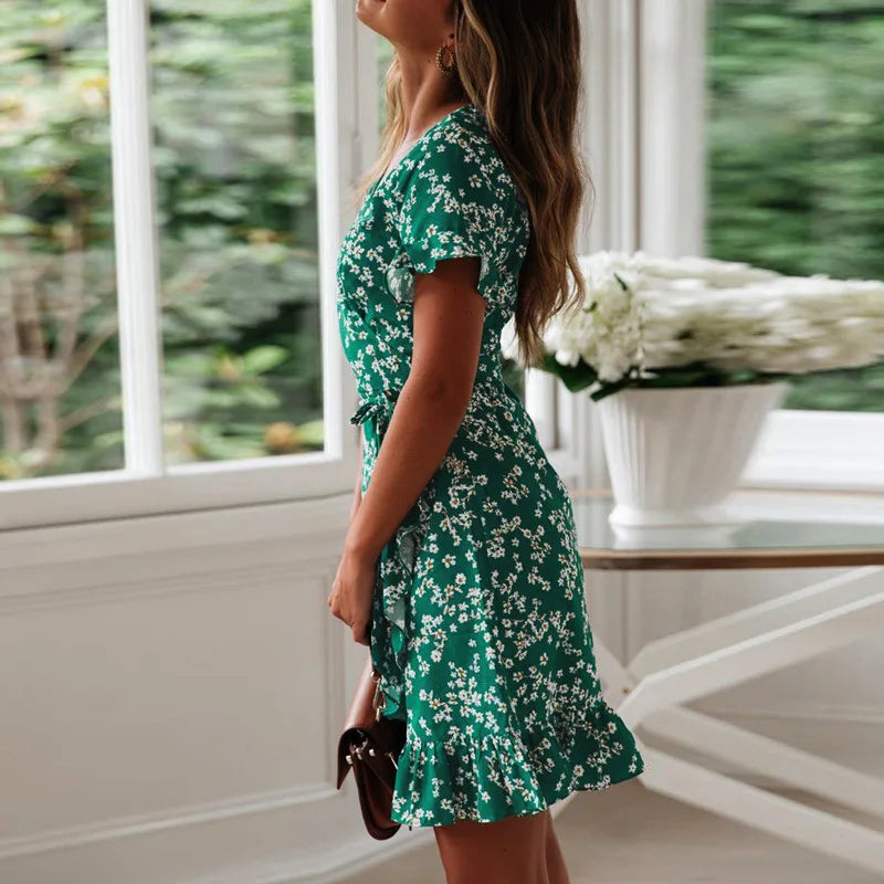 Attractive Flower Pattern V-neck Chiffon Mini Flower Dress