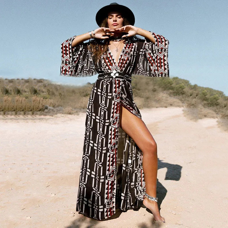Soft Rayon Kimono Boho Swimsuit Cover up Extended Sleeve