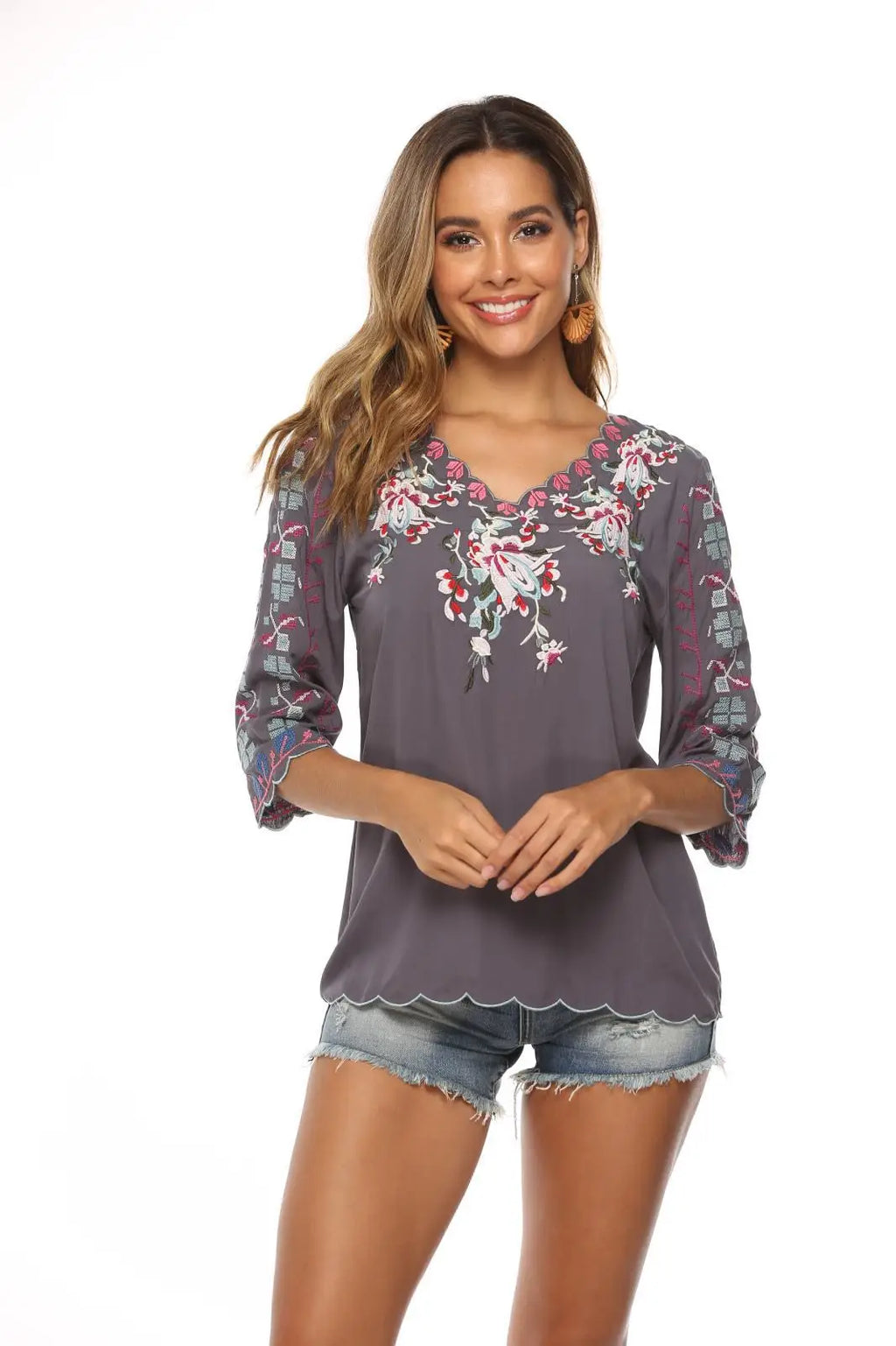 Loose Casual Cotton Floral Embroidery Boho Blouse
