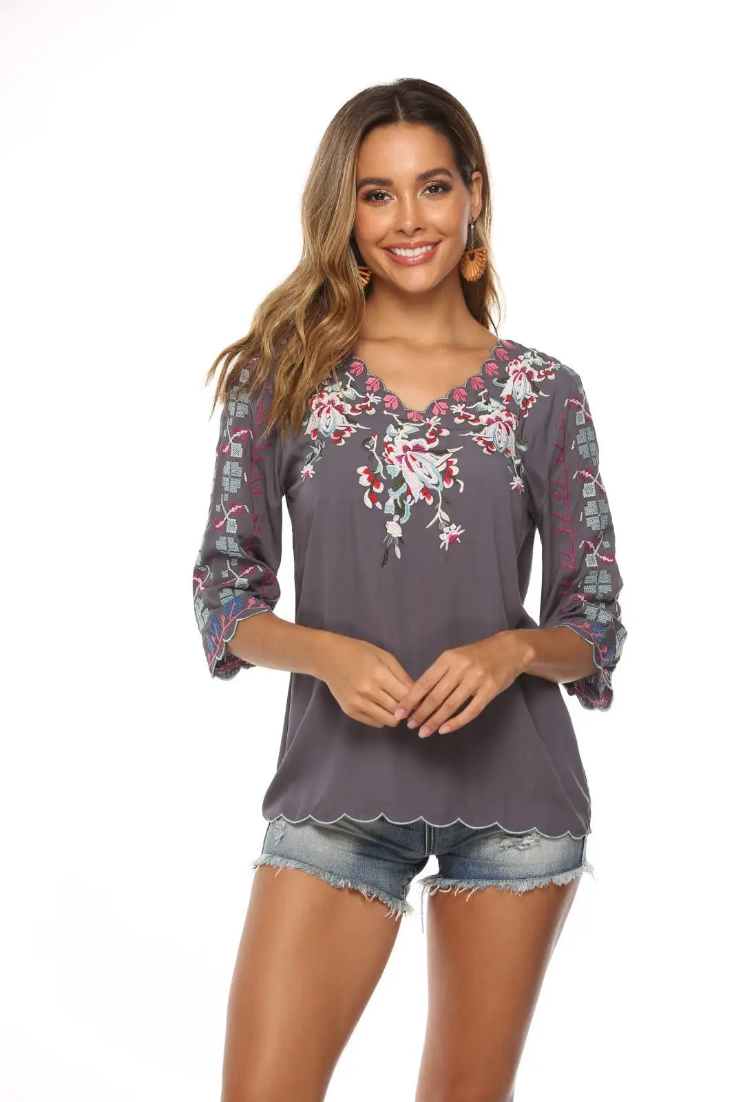 Loose Casual Cotton Floral Embroidery Boho Blouse