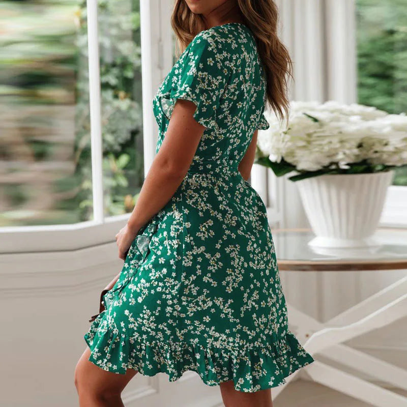 Attractive Flower Pattern V-neck Chiffon Mini Flower Dress