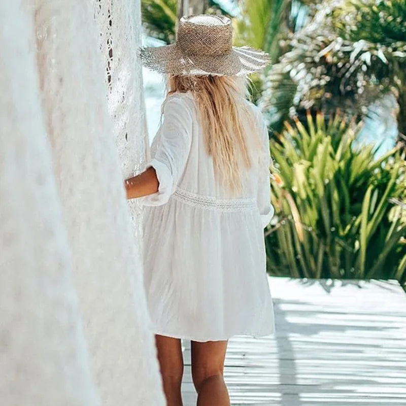 Silk Lace Baggy Bohemian Ivory Mini Dress – view 3
