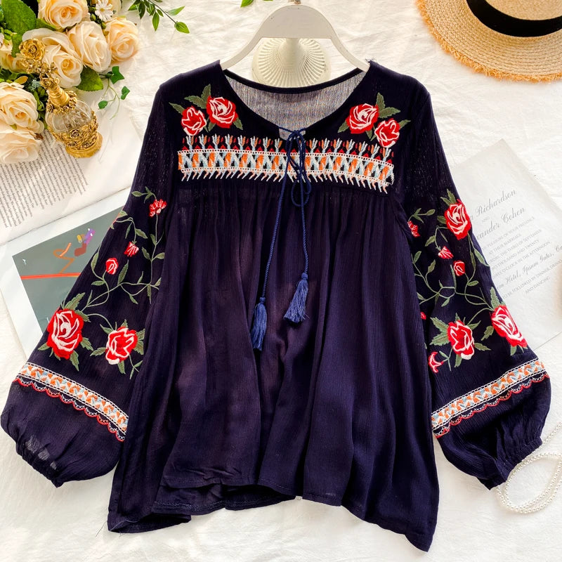 White Floral Stitching Puff Sleeve Baggy Boho Top