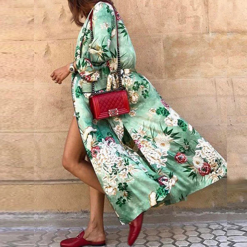 Verdant Flowery Silk Kimono Caftan Bohemian Swimsuit Cover up