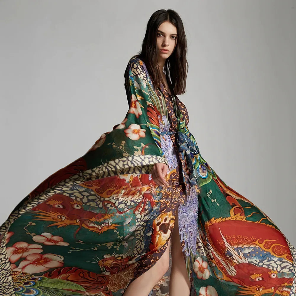 Sheer Cultural Peacock Design Long Cardigan Bohemian Cover up