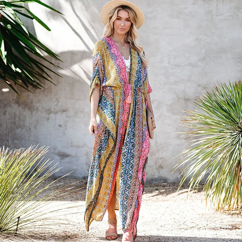 Fringe Lace-up Kimono Cotton Patterned Swimsuit Cover up