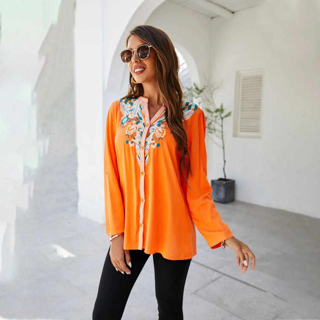 Informal Flower Stitching Large Cotton Long Sleeve Bohemian Top