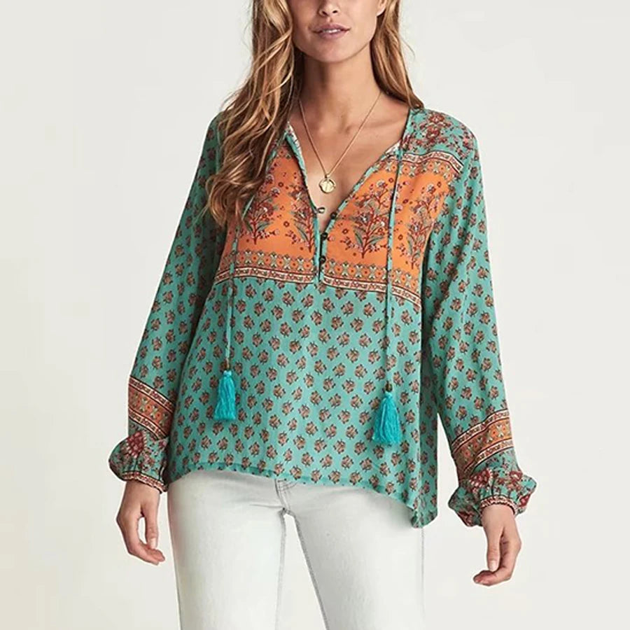 Long Sleeve Flower Pattern V-Neck Fringe Bohemian Top