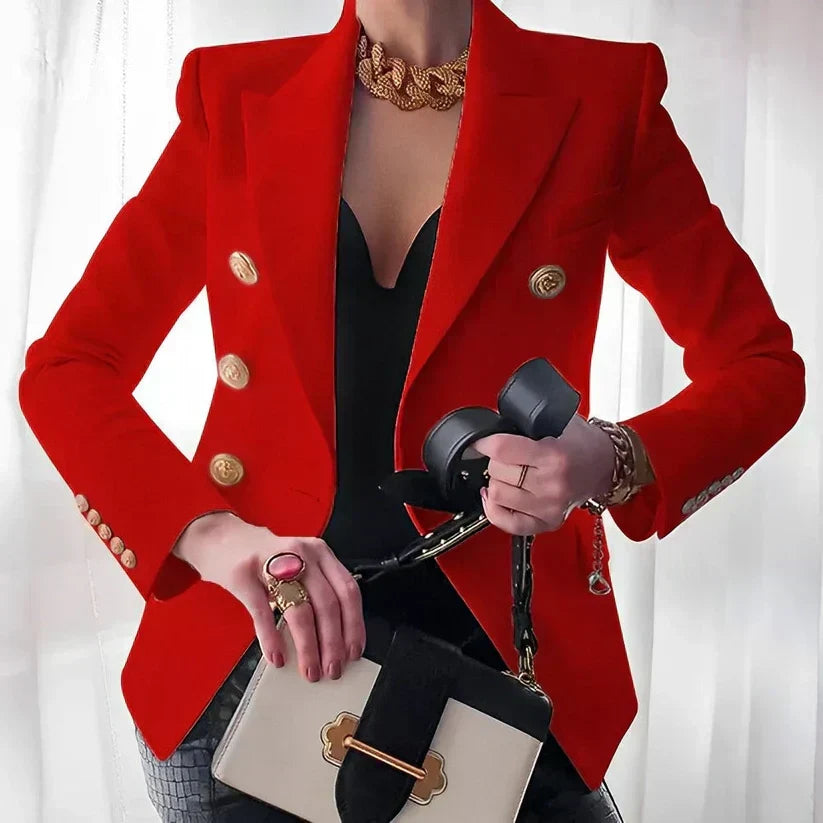 Gold Coin Button Double Breasted Peak Lapel Slim Fit Blazer