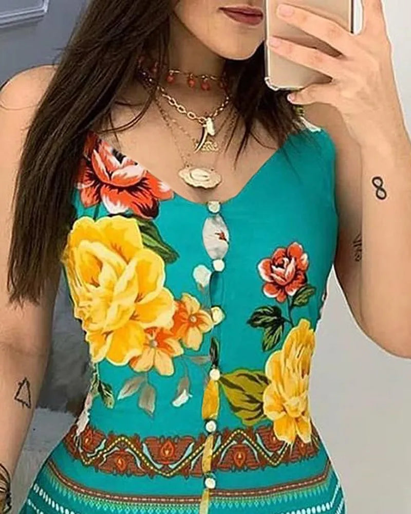 Deep-neck Buttoned Design Flower Print Dress