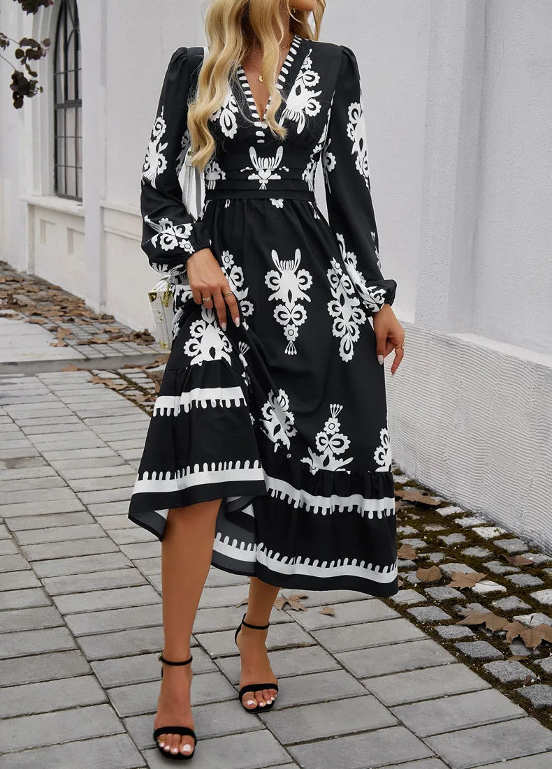 Stylish Printed V-neck A-line Boho Dress – view 4