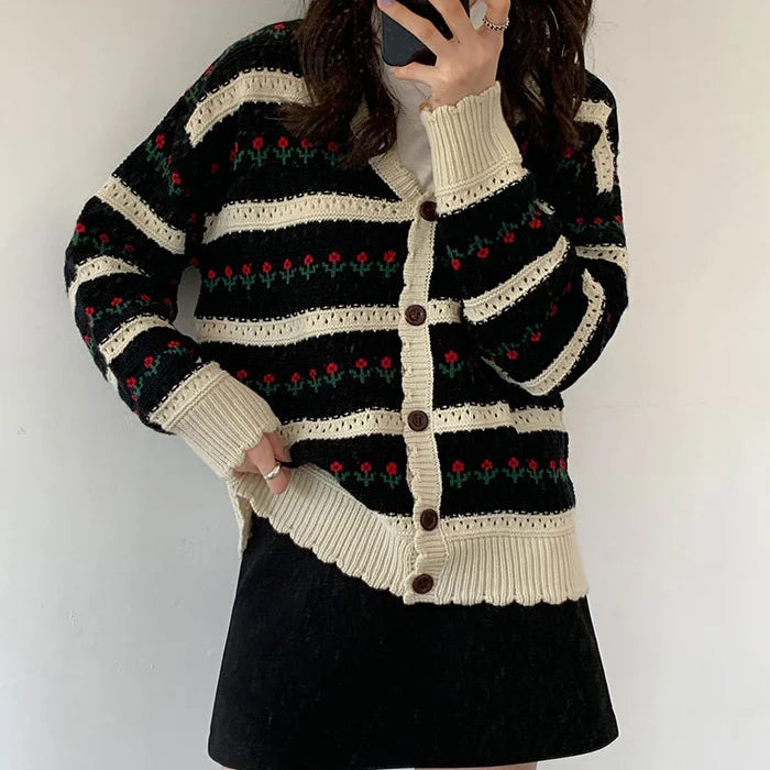 Striped Blossom Textured Button Front Cardigan – view 3
