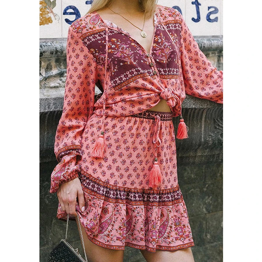 Long Sleeve Flower Pattern V-Neck Fringe Bohemian Top