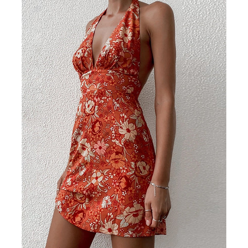 Y2K Flowery Sleeveless Halter Neck Backless Floral Dress