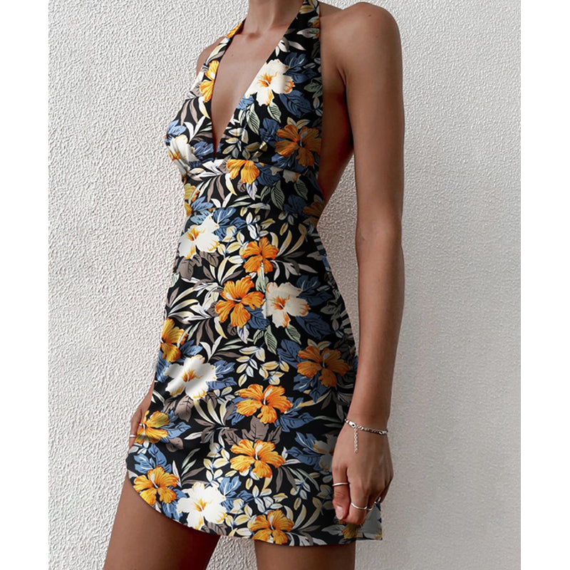 Y2K Flowery Sleeveless Halter Neck Backless Floral Dress