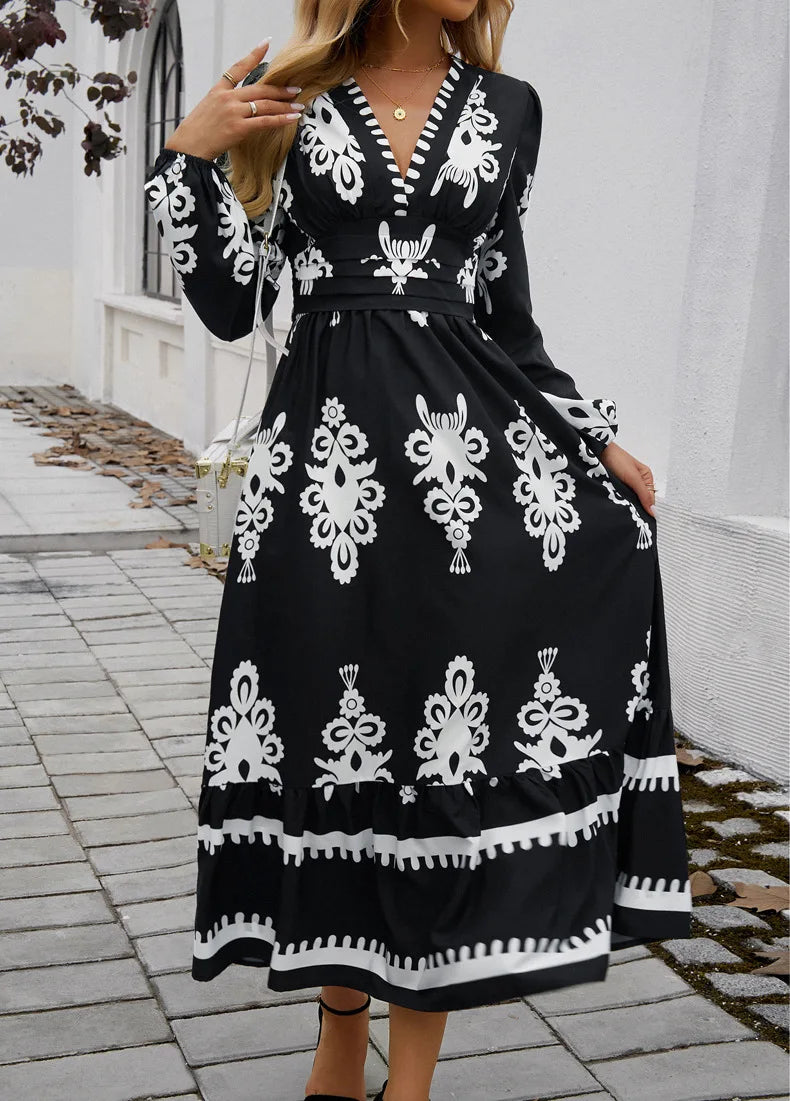 Stylish Printed V-neck A-line Boho Dress – view 3