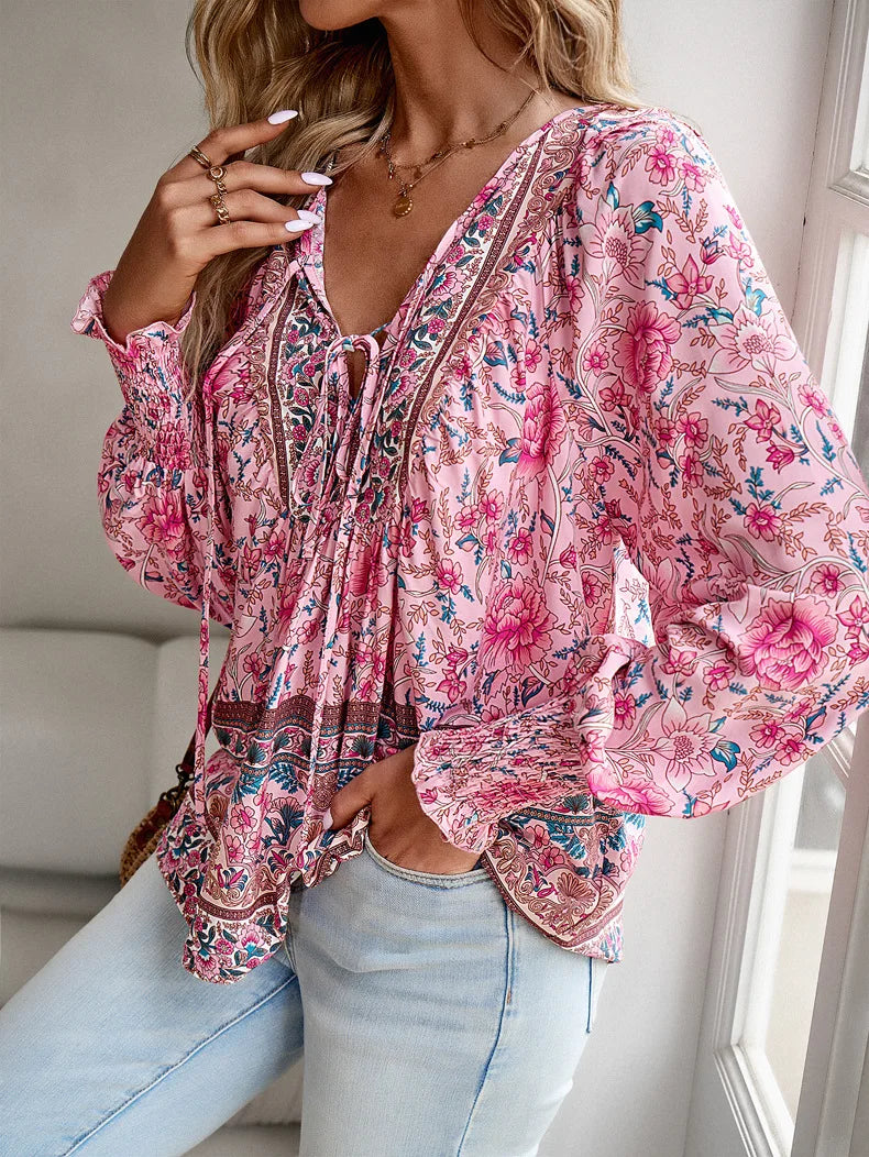 Informal V-Neck Flower Pattern Extended Sleeve Boho Top