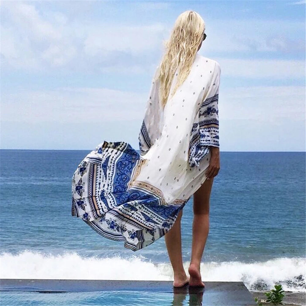 Sheer Flower Pattern Extended Sleeve Bohemian Wrap