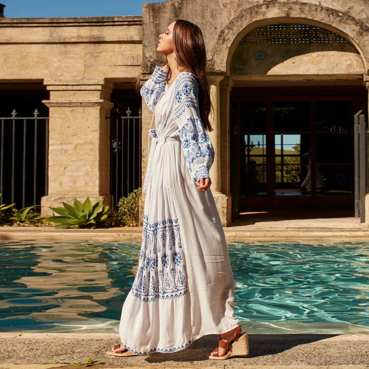 White Decorated Cotton Full-Length Dress – view 2