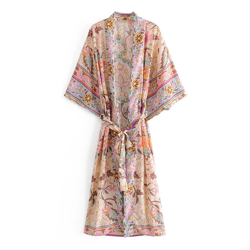Extended Bohemian Kaftan Rayon Flower Pattern Swimsuit Cover Up