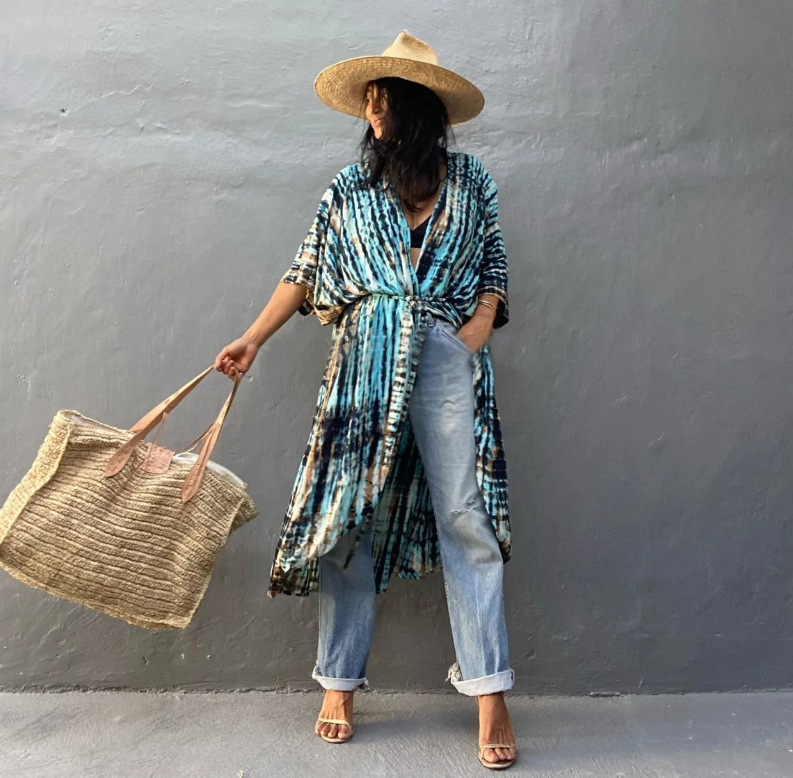 Soft Rayon Striped Pattern Cardigan Boho Beach Cover up