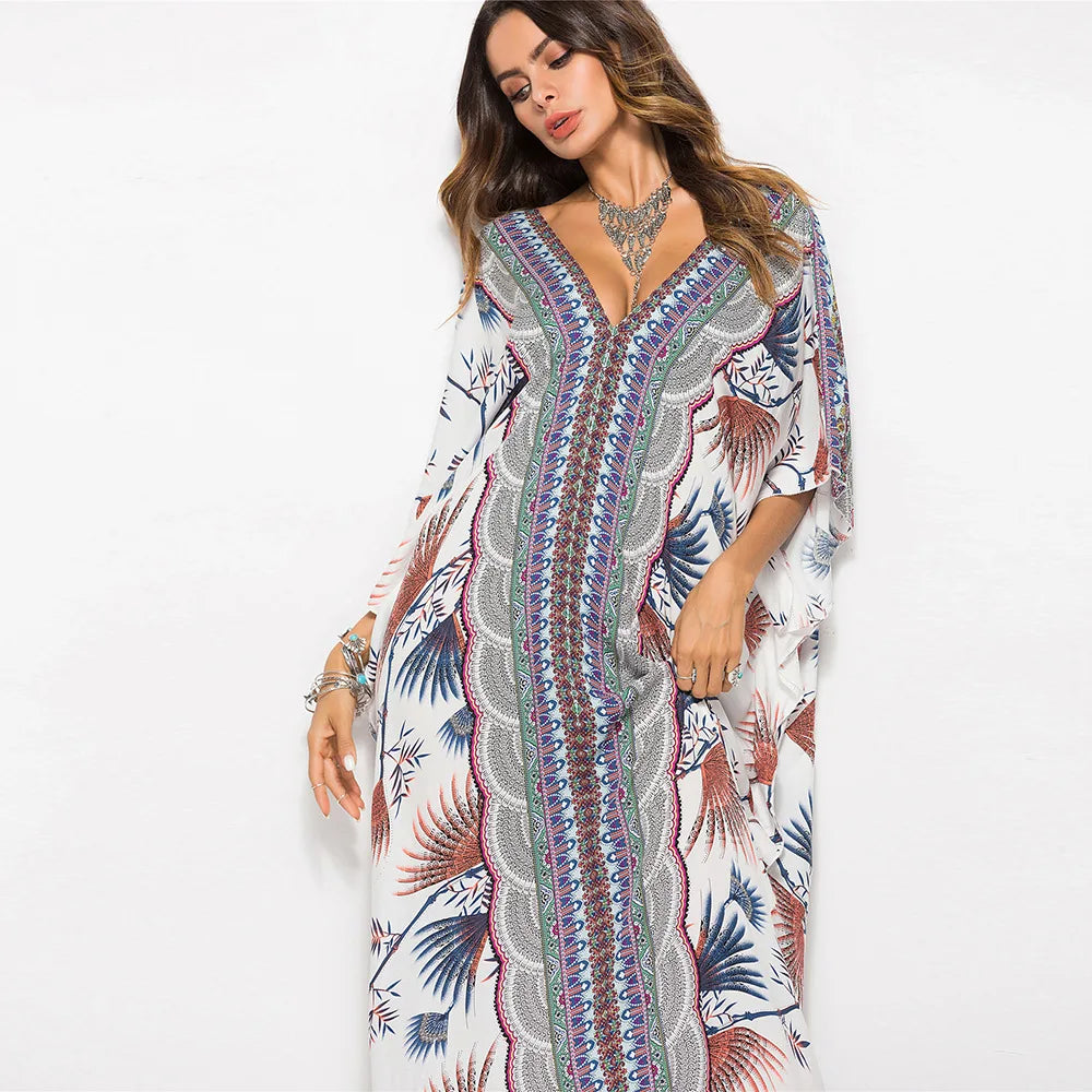 Soft Rayon Flower Print Long Bohemian Cover up