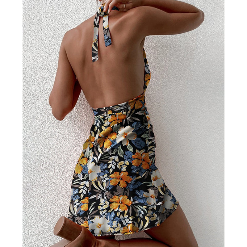 Y2K Flowery Sleeveless Halter Neck Backless Floral Dress