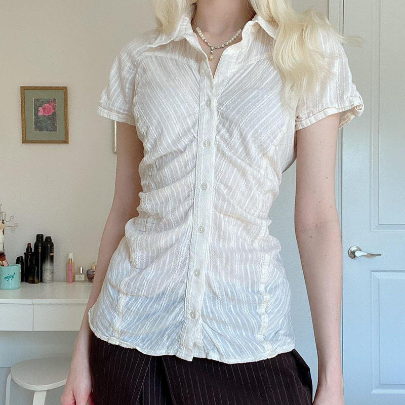 Patterned French Button-Up Fold-down Collar Blouse
