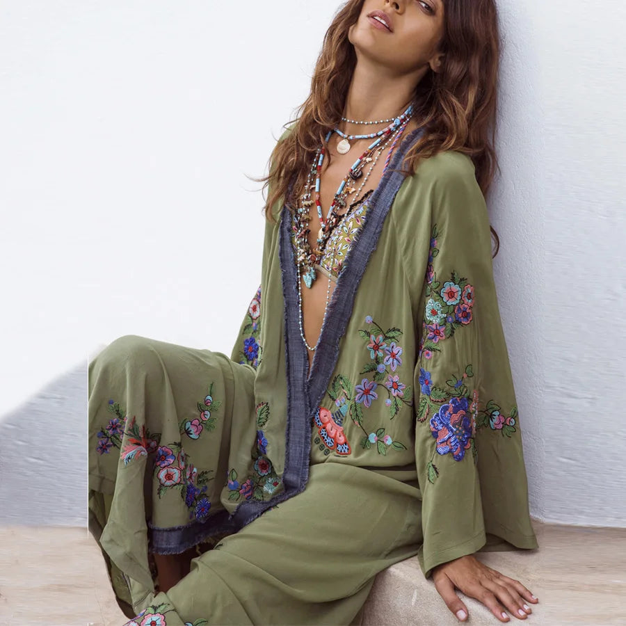 Extended Flower Stitch Beach Cover-Up Bohemian Cardigan