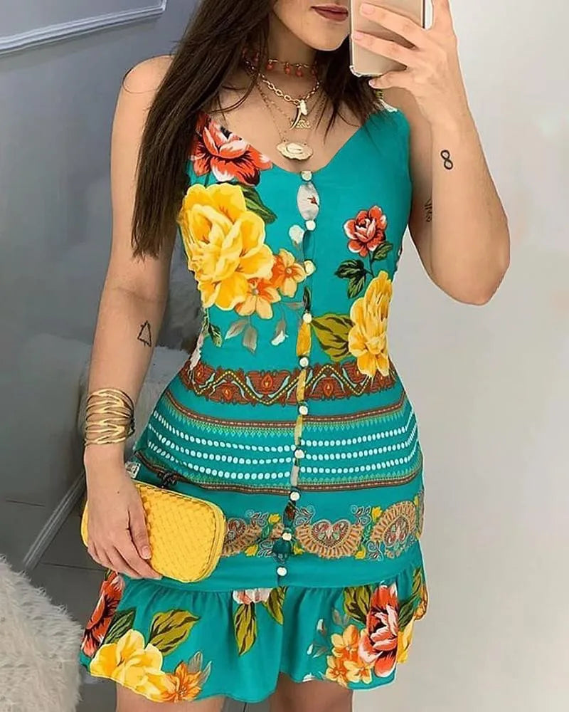 Deep-neck Buttoned Design Flower Print Dress