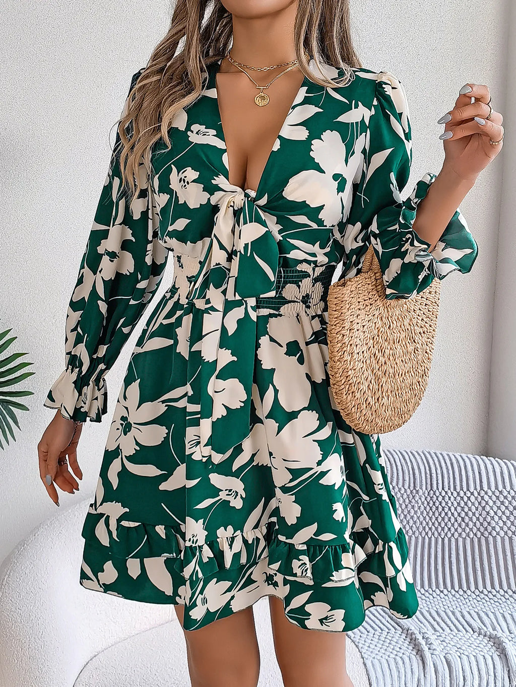 Fall Flounced Sleeve Flowered Dress