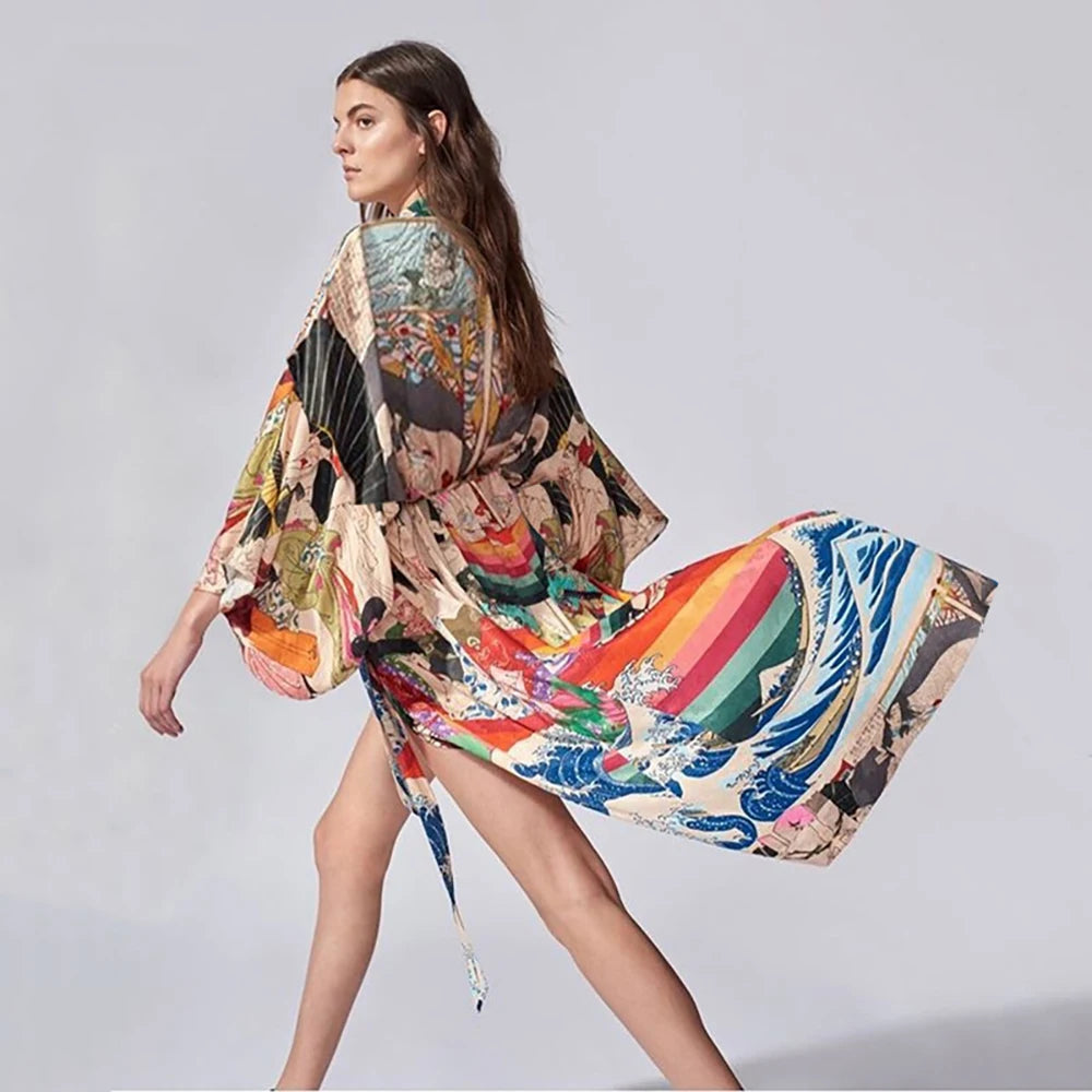 Warm Kimono Swimsuit Cover Up Bohemian Beach Stylish Flower Pattern