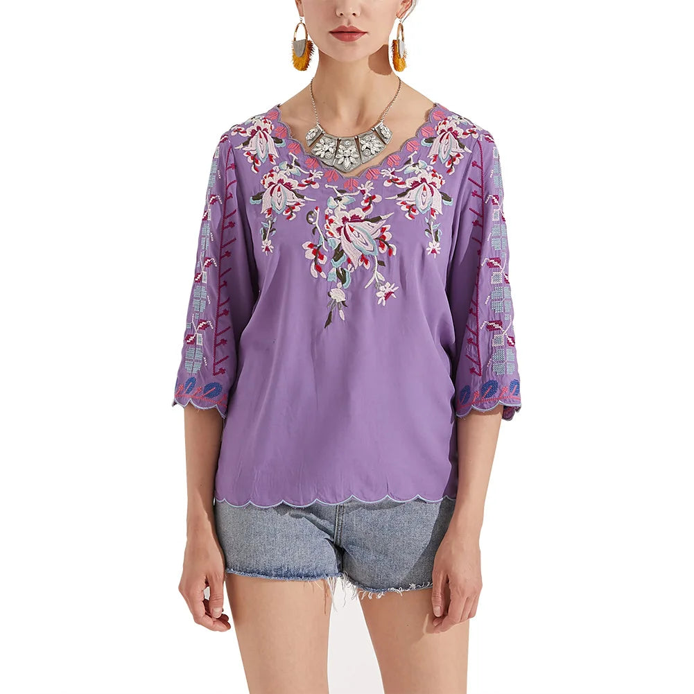 Loose Casual Cotton Floral Embroidery Boho Blouse