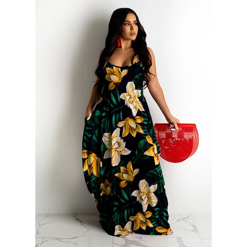 Flowing Flower Pattern Slip Dress Maxi Skirt Flower Dress