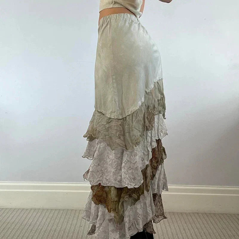 HEYounGIRL Y2K Aesthetic Lace Tiered Irregular Skirt Mori Girl