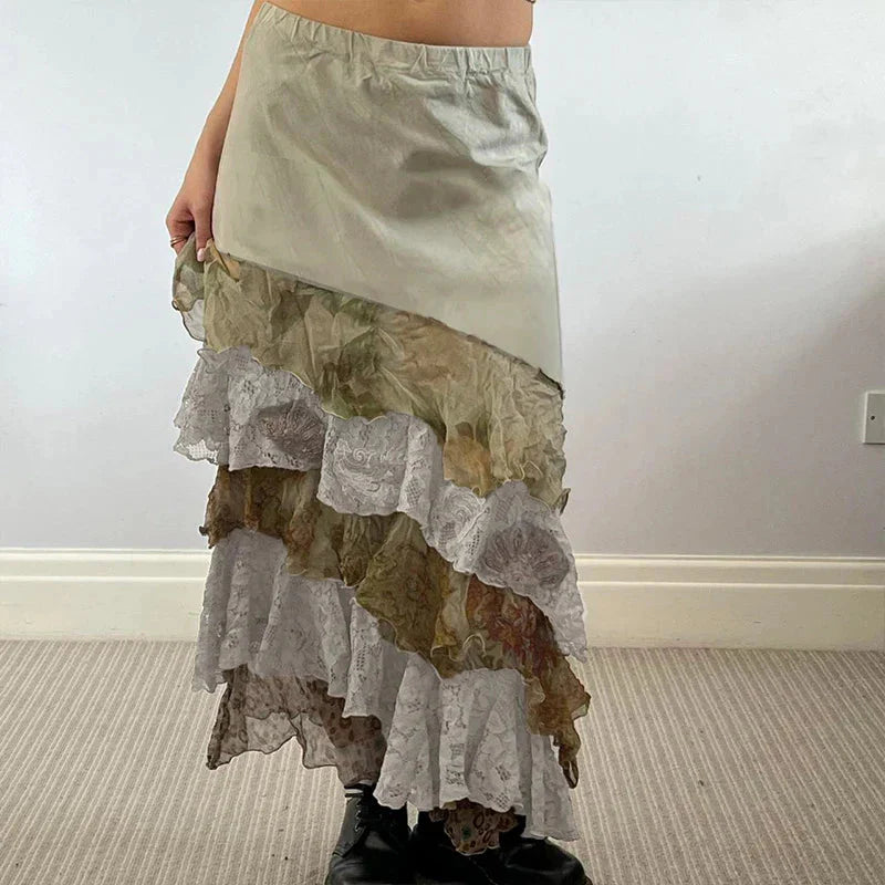 HEYounGIRL Y2K Aesthetic Lace Tiered Irregular Skirt Mori Girl