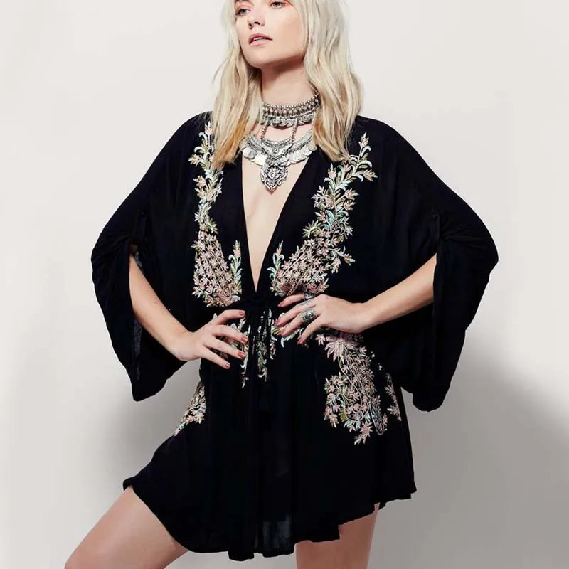 Soft Rayon Violet Floral Stitching Bohemian Dress – view 7