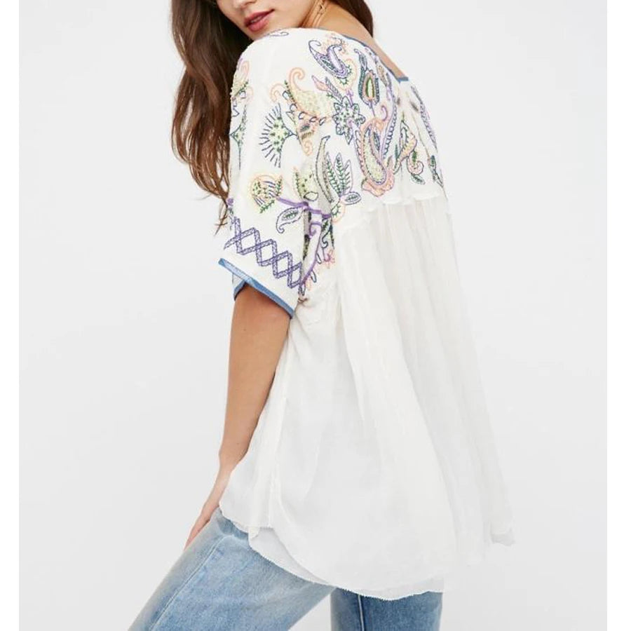 Ivory Cotton Rayon Beaded Floral Embroidered Bohemian Top