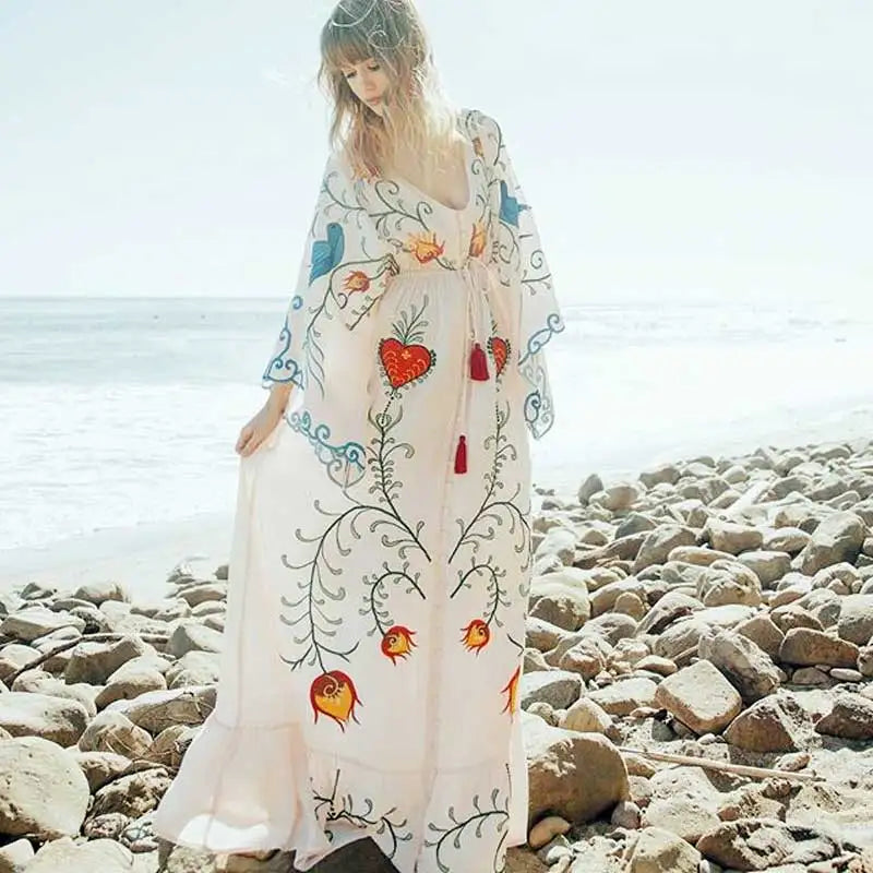 White Long Dress Cotton Floral Stitching Seductive V-neck Beach Dress – view 2