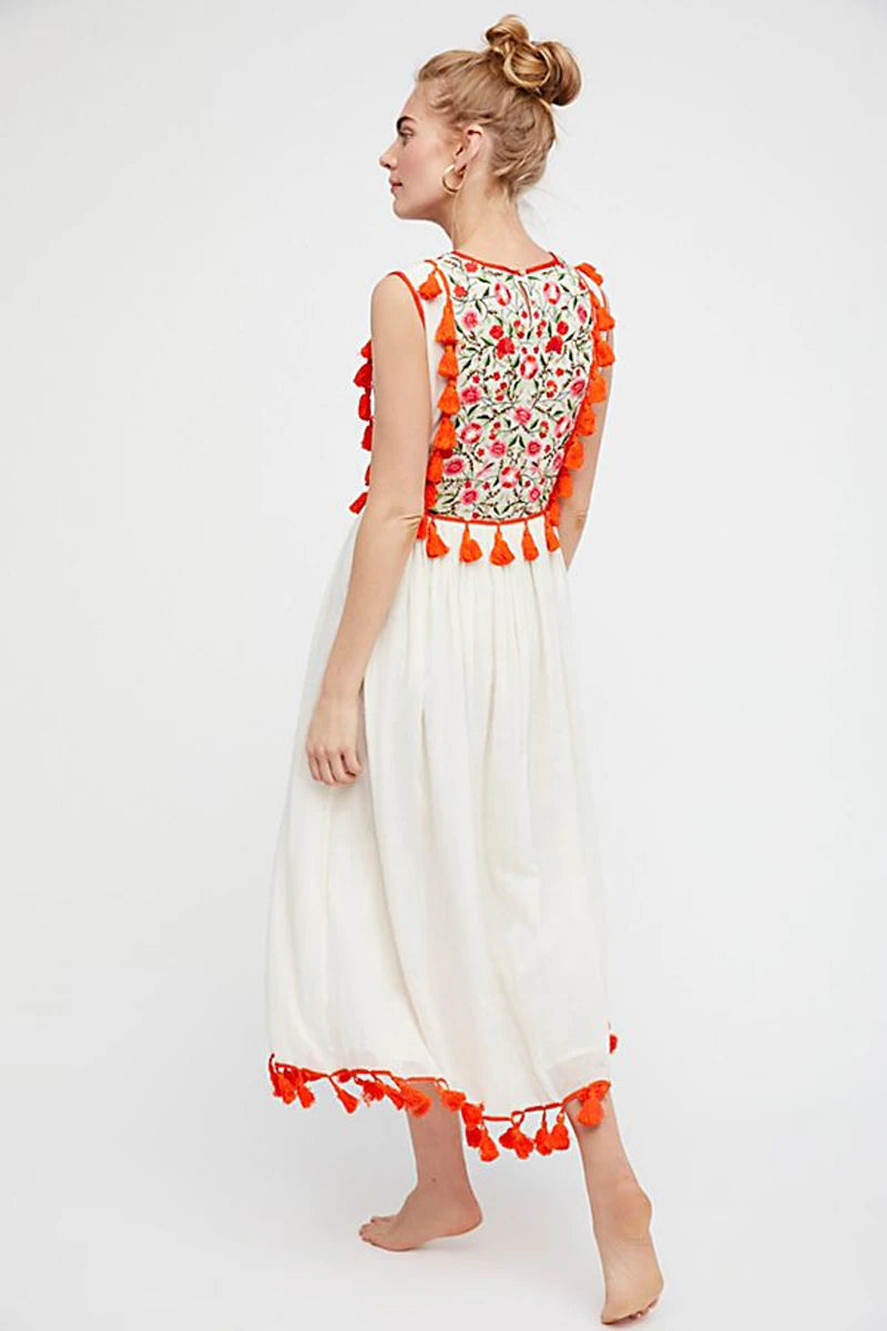 Floral Embroidery Sleeveless Tassel Cotton Boho Dress