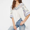 Ivory Cotton Rayon Beaded Floral Embroidered Bohemian Top