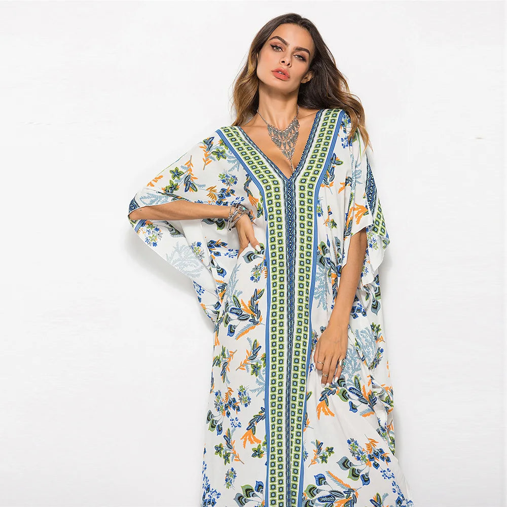 Soft Rayon Flower Print Long Bohemian Cover up