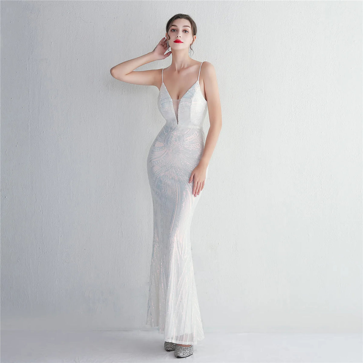Woman wearing White Scroll-Sequin Mermaid Formal Gown from Hicosy — view 2