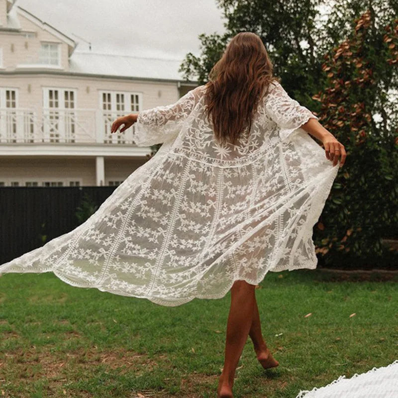 Ivory Lace Cardigan Hippie Swimsuit Cover Up Transparent